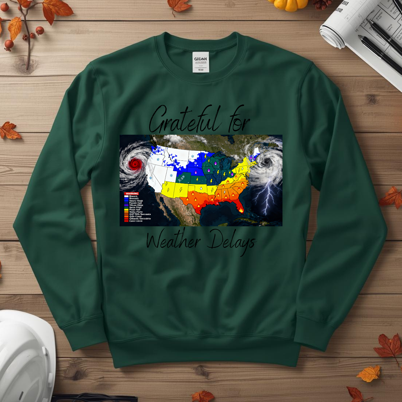 Grateful for Weather Delays Construction Humor Unisex Midweight Softstyle Fleece Crewneck Sweatshirt