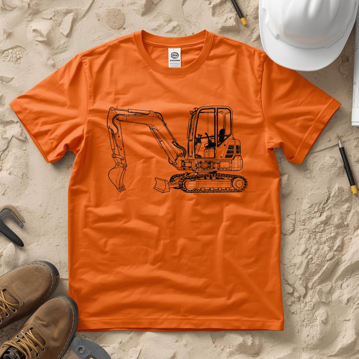 Mini Excavator Blueprint Line Design Unisex Heavy Cotton Tee