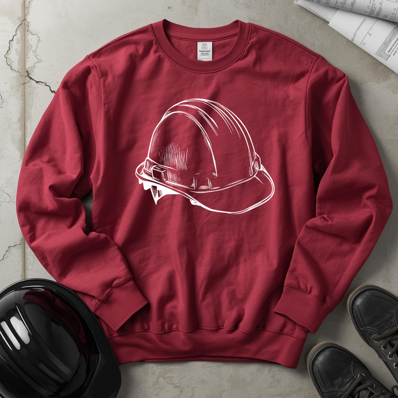 Hard Hat Blueprint Line Design Unisex Midweight Softstyle Fleece Crewneck Sweatshirt