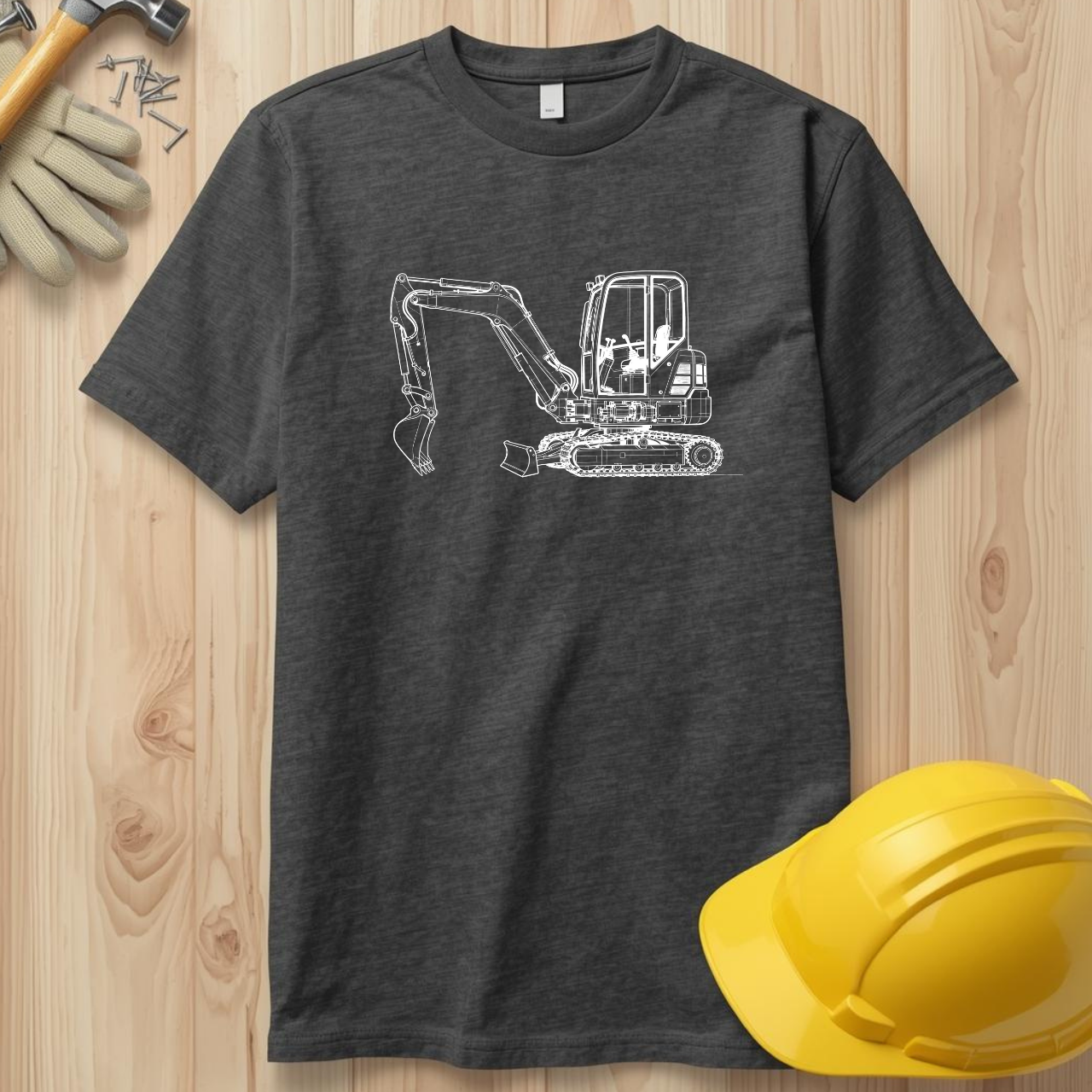 Mini Excavator Blueprint Line Design Unisex Heavy Cotton Tee
