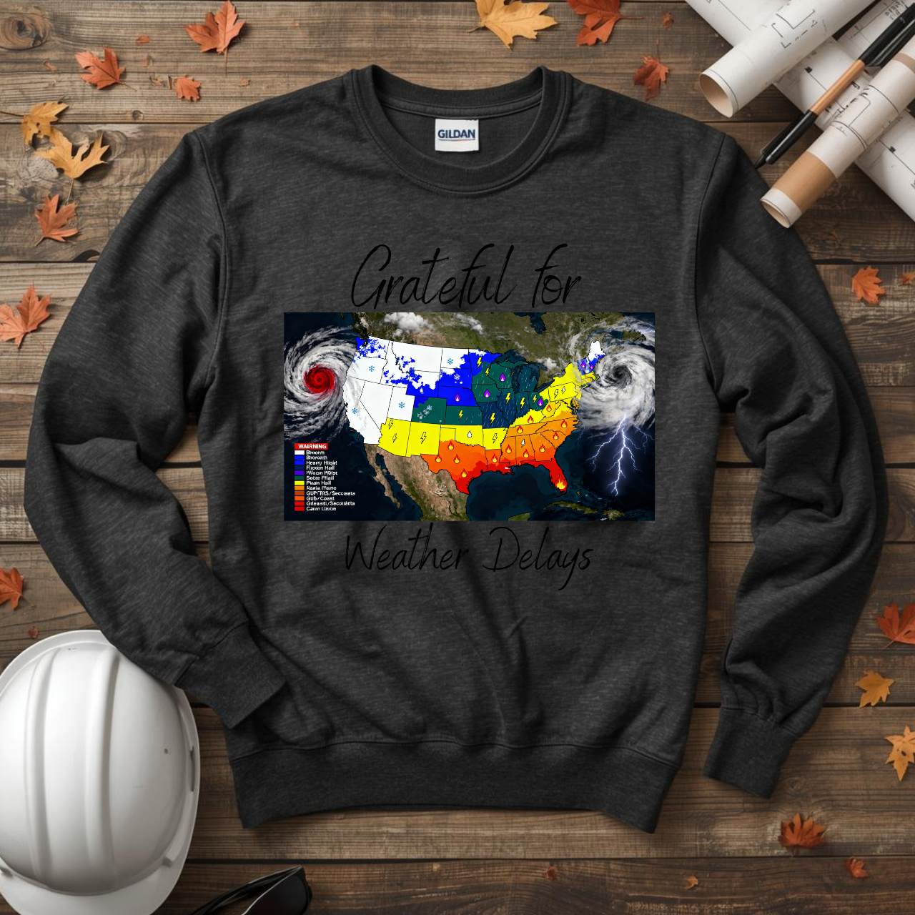 Grateful for Weather Delays Construction Humor Unisex Midweight Softstyle Fleece Crewneck Sweatshirt