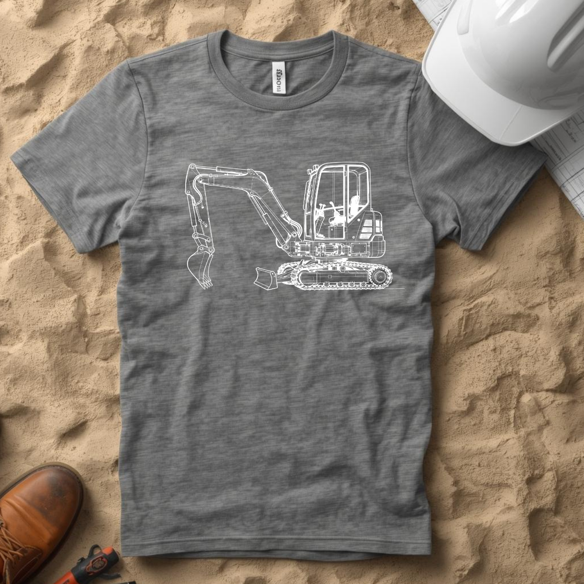 Mini Excavator Blueprint Line Design Unisex Heavy Cotton Tee