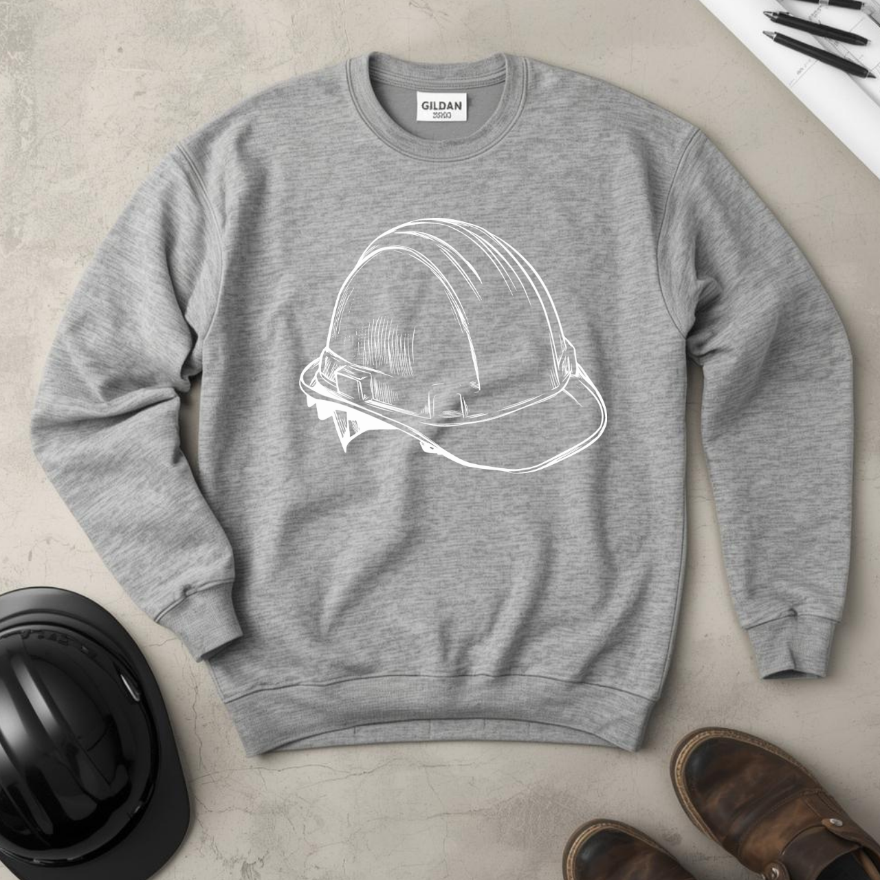 Hard Hat Blueprint Line Design Unisex Midweight Softstyle Fleece Crewneck Sweatshirt