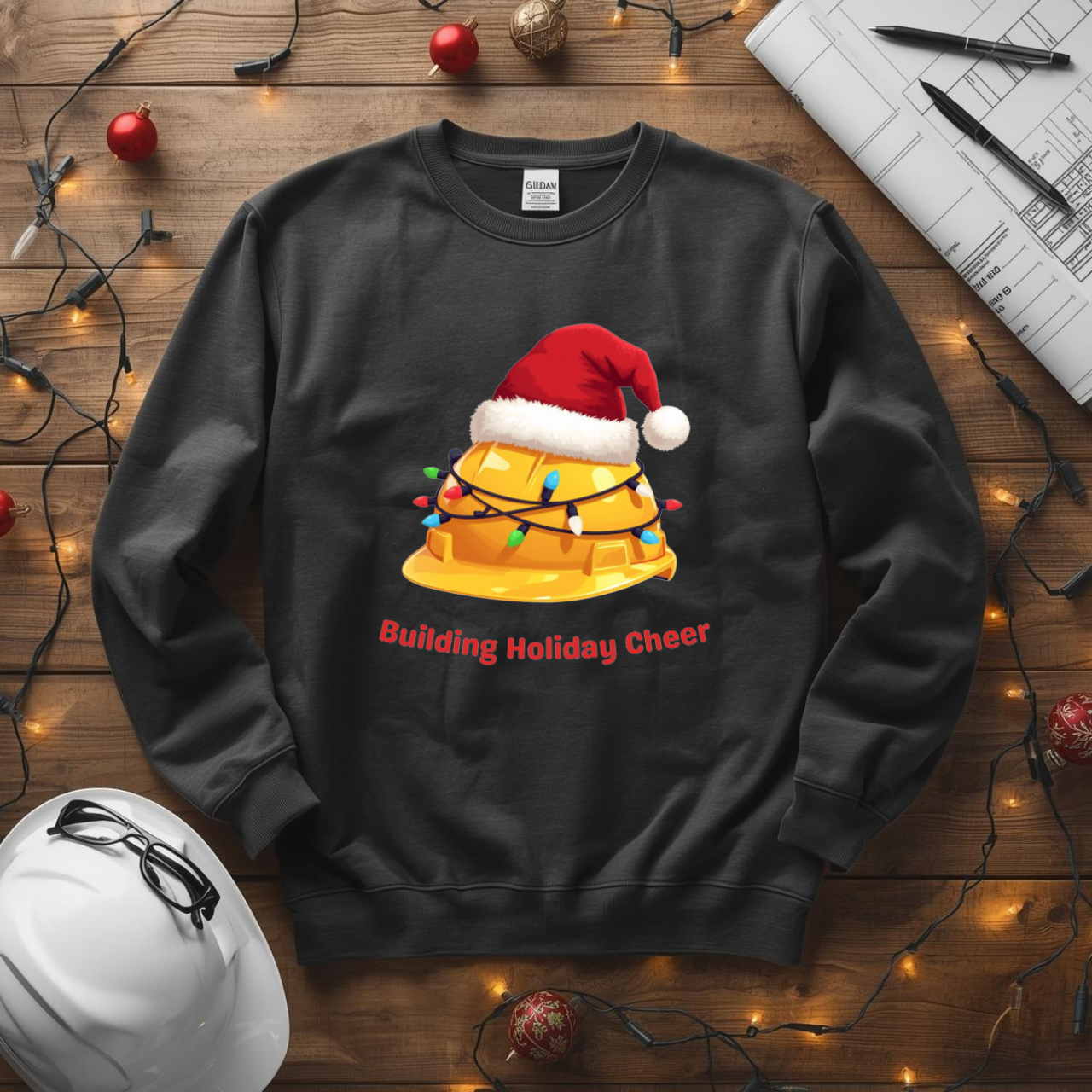 Building Holiday Cheer Hard Hat Santa Design Unisex Midweight Softstyle Fleece Crewneck Sweatshirt