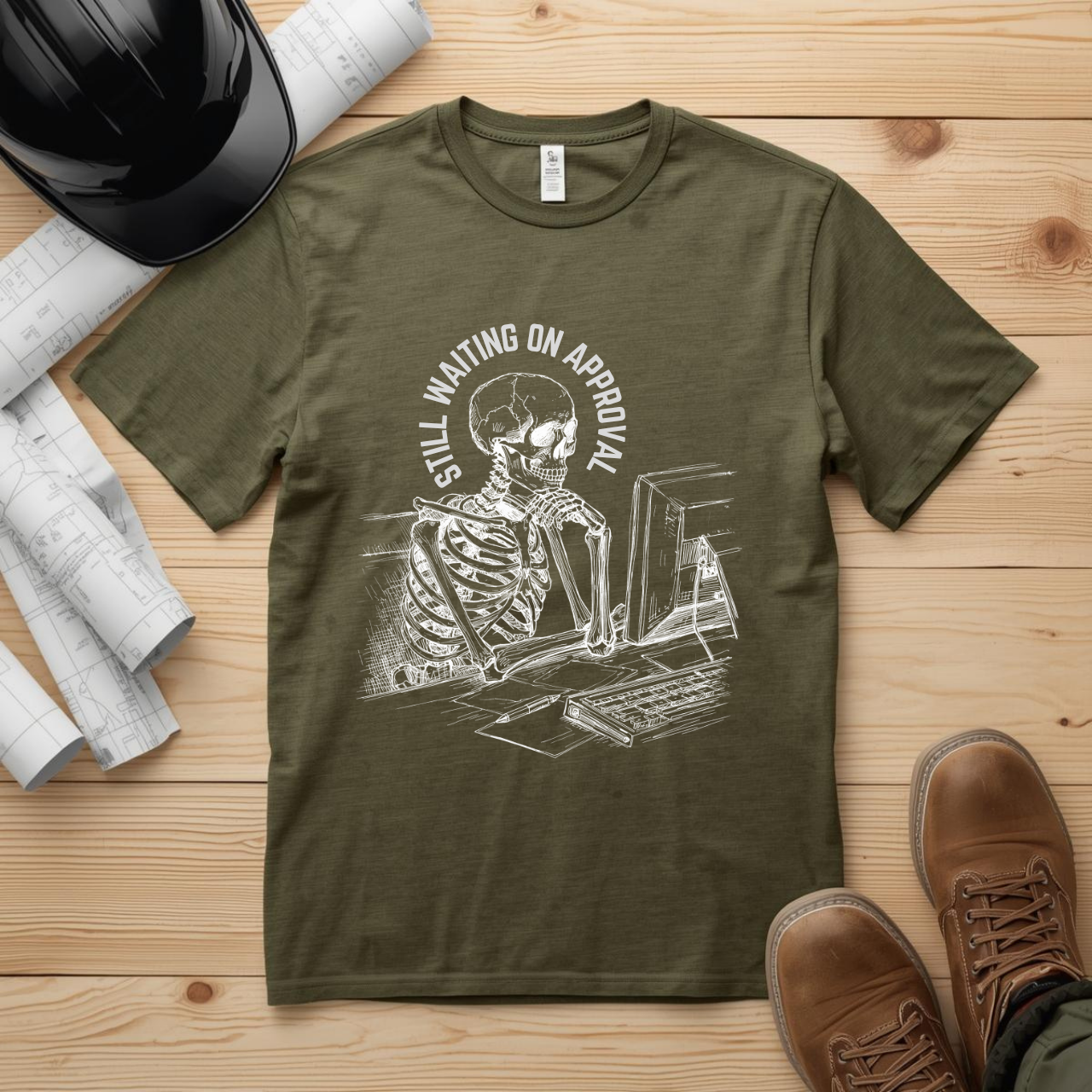 Still Waiting on Approval Skeleton Desk Construction Humor Unisex Jersey Short Sleeve Tee