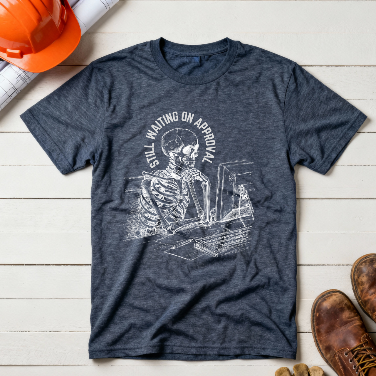 Still Waiting on Approval Skeleton Desk Construction Humor Unisex Jersey Short Sleeve Tee