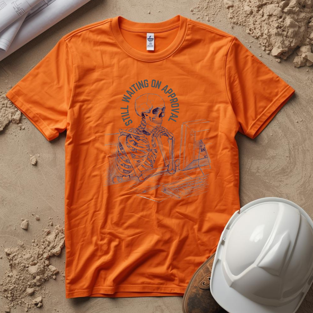 Still Waiting on Approval Skeleton Desk Construction Humor Unisex Jersey Short Sleeve Tee