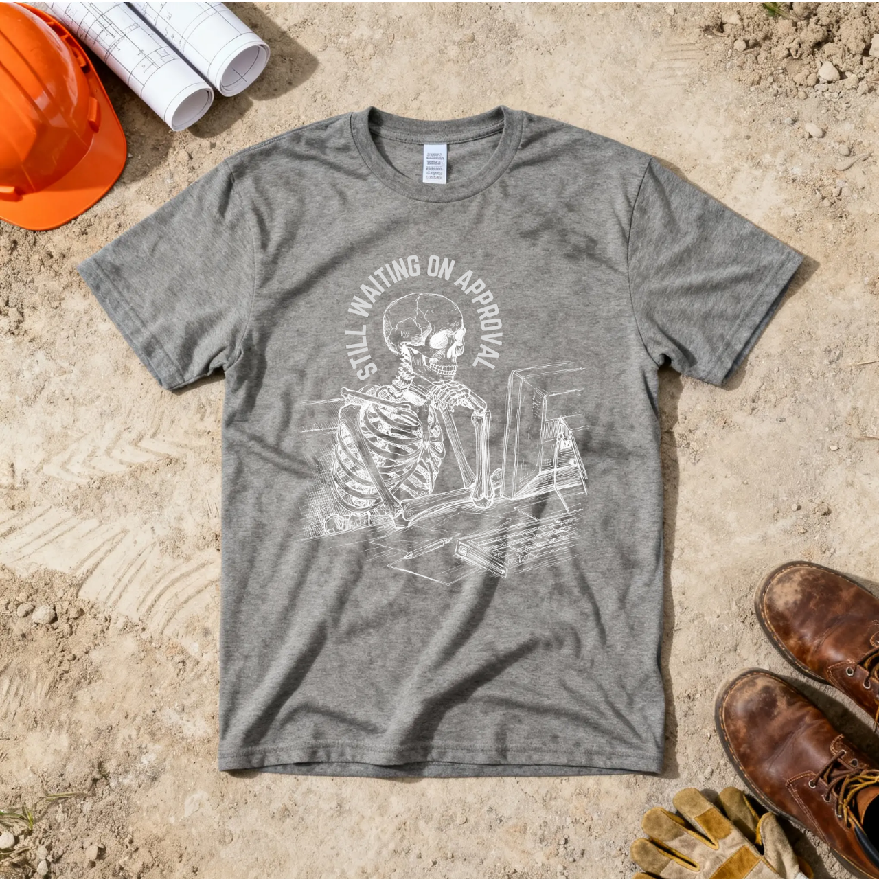 Still Waiting on Approval Skeleton Desk Construction Humor Unisex Jersey Short Sleeve Tee