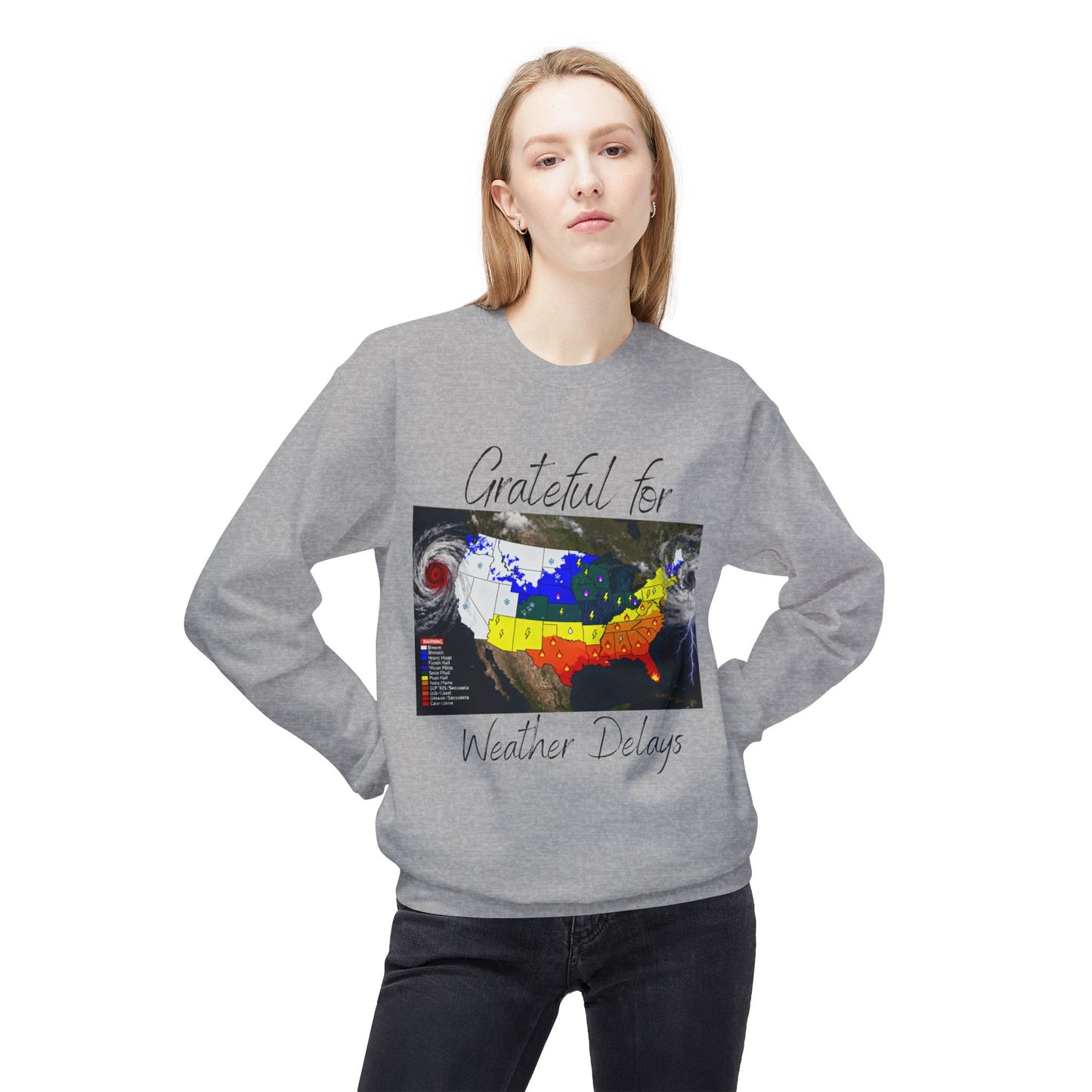 Grateful for Weather Delays Construction Humor Unisex Midweight Softstyle Fleece Crewneck Sweatshirt