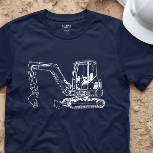 Mini Excavator Blueprint Line Design Unisex Heavy Cotton Tee